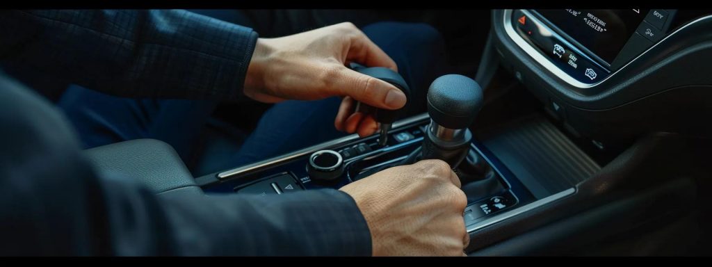 a confident driver gripping the manual gear shift in a sleek, modern car.