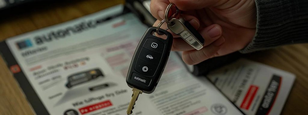 a person holding up a car key with a clear