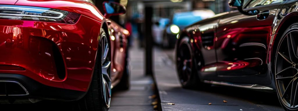 a shiny red automatic car parked next to a sleek manual car, highlighting the contrast in transmission type.