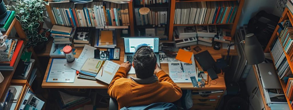 a person surrounded by a stack of informative books, a laptop playing online tutorials, and leaflets from community driving classes, all spread out on a desk.